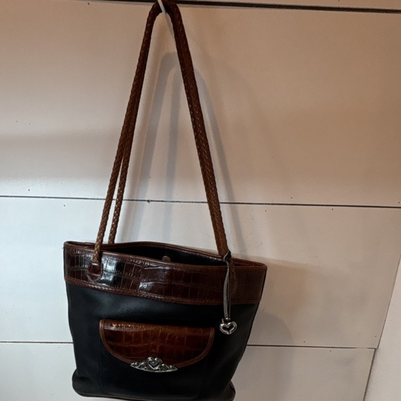 Brighton Handbags - Brighton Vtg Black Brown Shoulder Bag with Heart Accents Braided Leather Strap